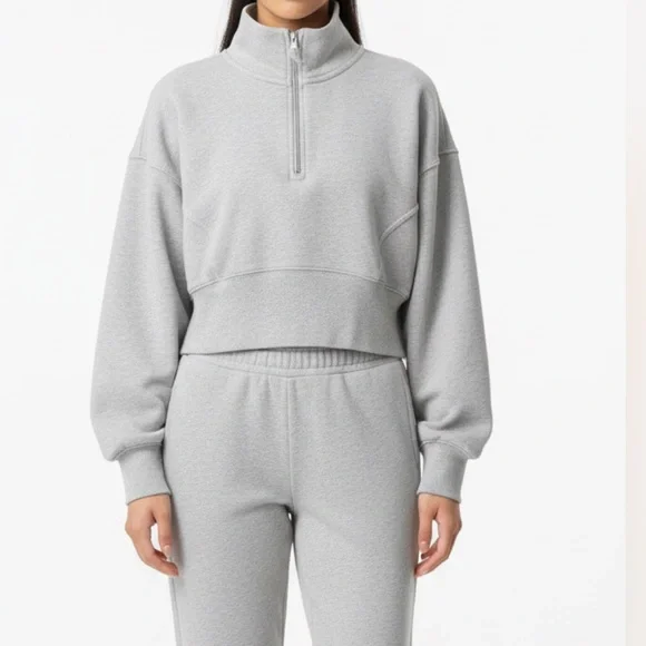 aerie Light Gray Quarter-Zip Cropped Sweatshirt - Picture 8 of 8